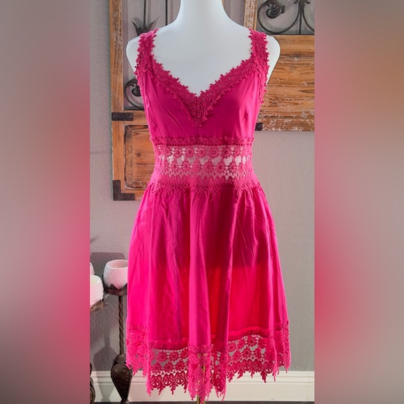 NWOT Venus Hot Pink Fuchsia Open Crochet Lace Strappy Shirred Back Sundress Sz M - Picture 9 of 10